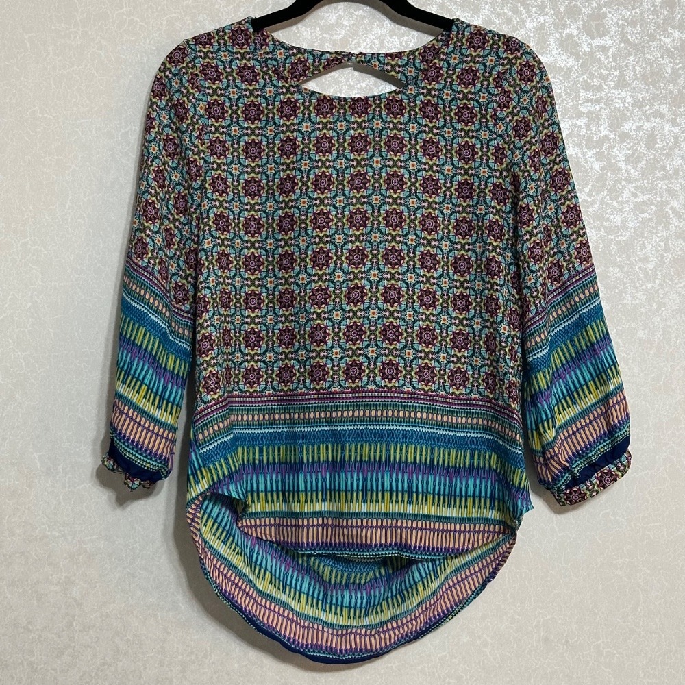 Meraki Fair‎ Isle Geometric Boho Print Blouse Keyhole Back 3/4 Sleeve Colorful S
